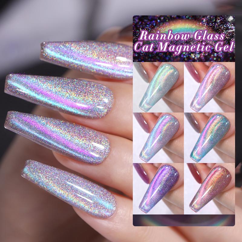 BORN PRETTY Rainbow Glass Cat Eye Gel Polish Set 6 Colors Nail Art With Magnetic Stick Nail Polish Gel Need UV light Nail Care Gift For Women&Girls Salon Style