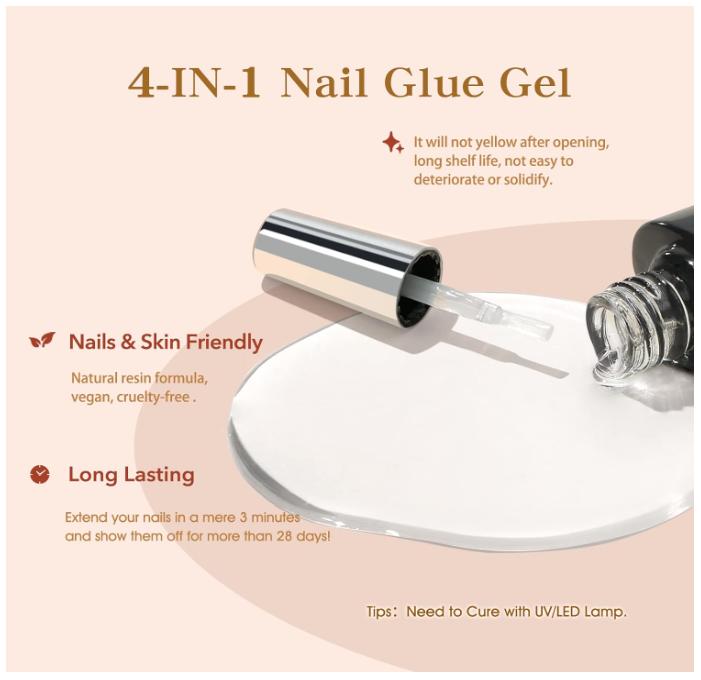 Modelones 4 in 1 Nail Glue Gel Nail Prep Dehydrate Gel Nail Kit Nail Extension Set for False Nail Tips Acrylic Nails Base Gel Bloom Gel Adhesive Bond, Long Lasting Curing Needed