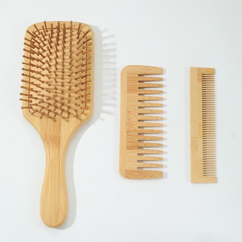 Bamboo Comb Set, 3 Counts set Wooden Large Brush, Smooth and Straighten Hair Wide Tooth Brush and Fine Tooth Brush for Detangling, Styling and Heat Resistance