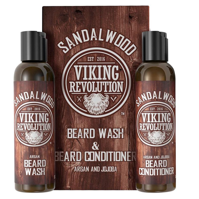 Viking Revolution Beard Wash & Beard Conditioner Set w Argan & Jojoba Oils - Softens & Strengthens - Natural Beard Shampoo w Beard Oil Sandalwood (5oz)