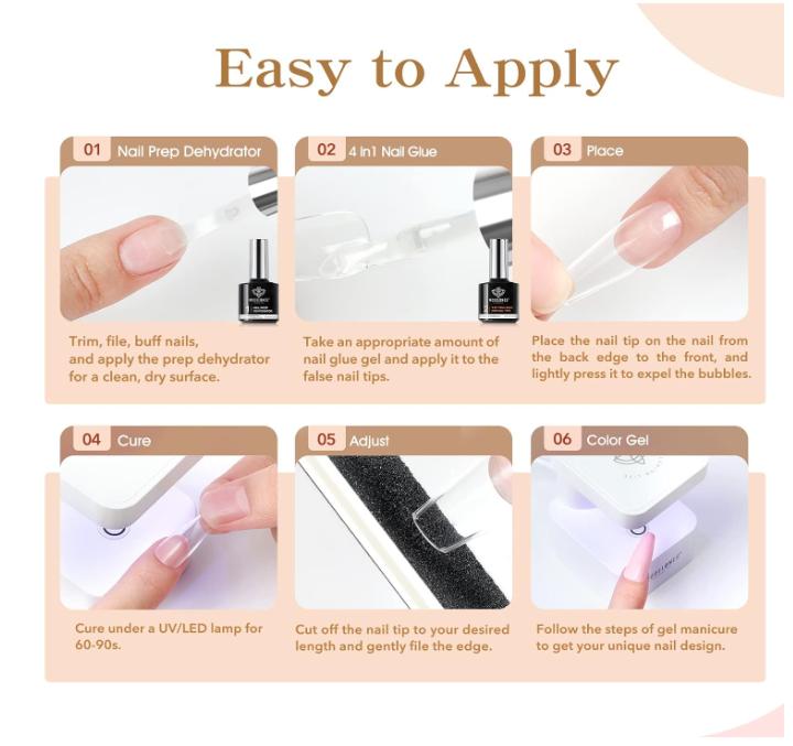 Modelones 4 in 1 Nail Glue Gel Nail Prep Dehydrate Gel Nail Kit Nail Extension Set for False Nail Tips Acrylic Nails Base Gel Bloom Gel Adhesive Bond, Long Lasting Curing Needed