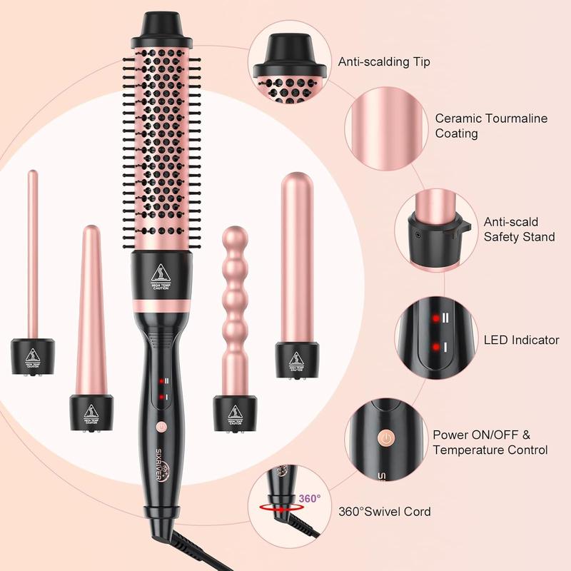 5 in 1 Curling Wand Set, Hair Curling Iron with Curling Thermal Brush&4 Interchangeable Ceramic Curling Wand(0.4