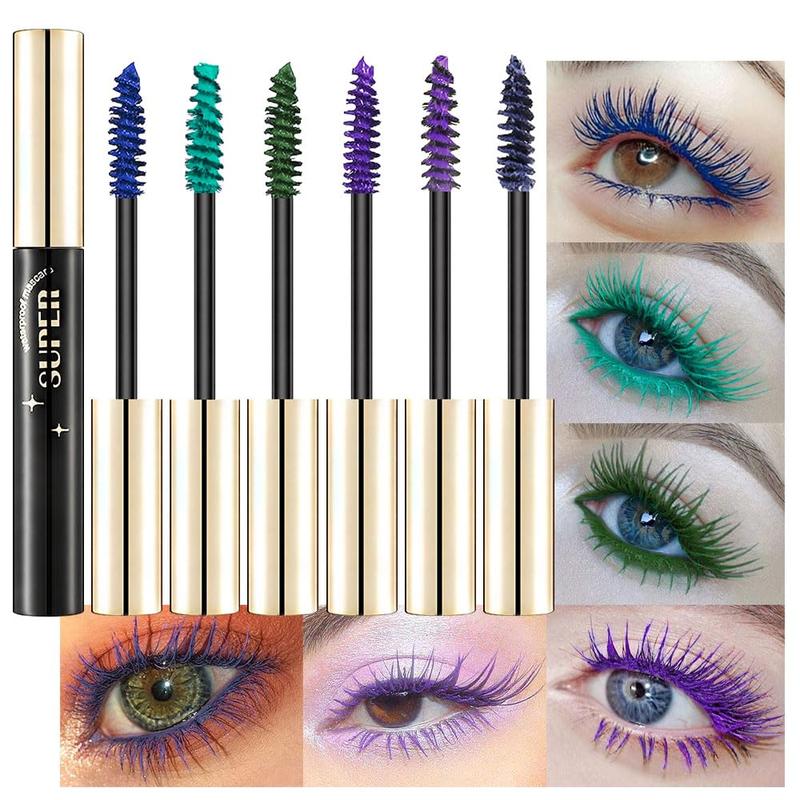 Colored Colorful Waterproof Mascara for Eyelashes Set,Blue White Black Brown Purple Long lasting Charming Voluminous Cruelty Free Vegan Eye Makeup (A-6Pcs 02#&03#&04#&08#&09#&11# Blue&Green&Purple, A)