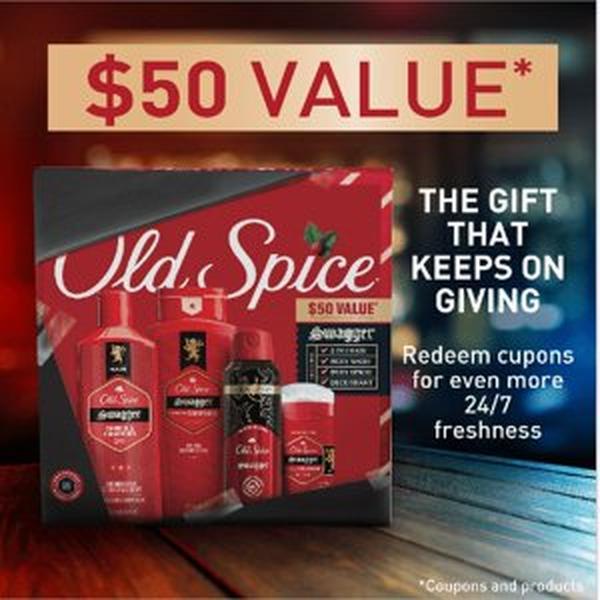 ($50 Value) Old Spice Holiday Gift Pack for Men,  Body Wash, Aluminum Free Deodorant, Body Spray & 2 in 1 Shampoo, Swagger Scent