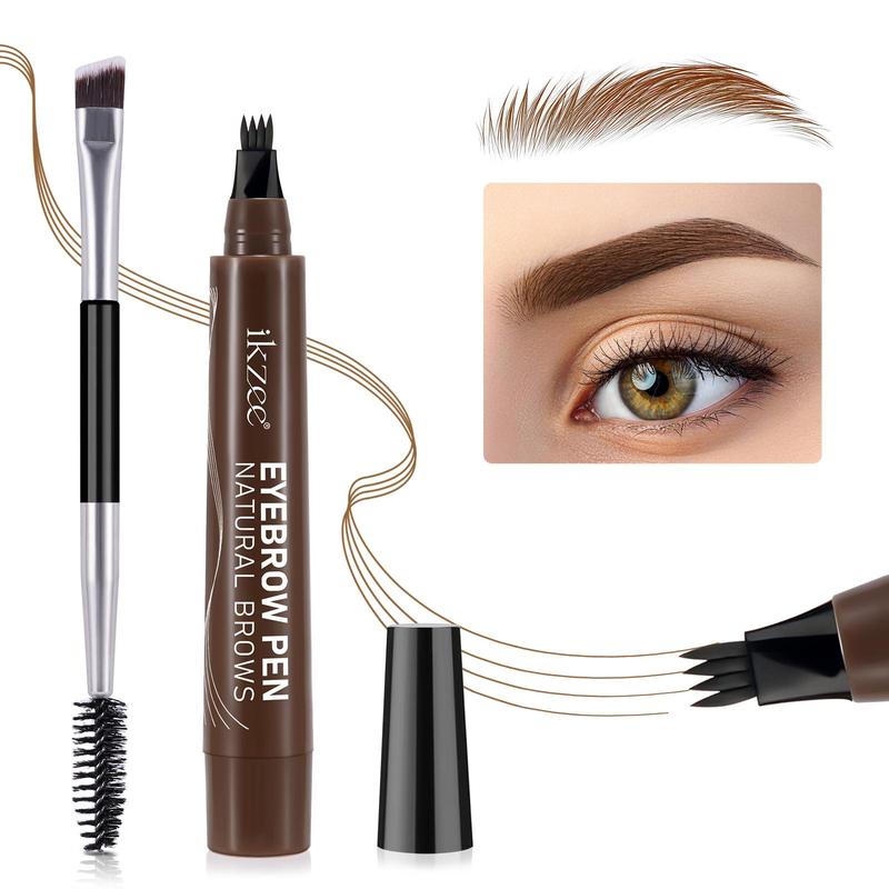 Long Lasting Eyebrow Pencil Kit, 1 Count 4-fork Eyebrow Pencil & 1 Count Double-ended Brush, Portable Makeup Tool for Women and Girls