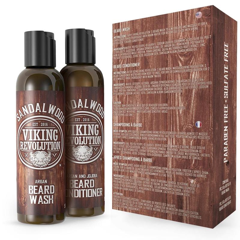 Viking Revolution Beard Wash & Beard Conditioner Set w Argan & Jojoba Oils - Softens & Strengthens - Natural Beard Shampoo w Beard Oil Sandalwood (5oz)