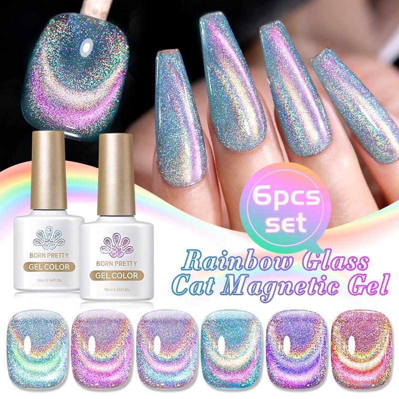 BORN PRETTY Rainbow Glass Cat Eye Gel Polish Set 6 Colors Nail Art With Magnetic Stick Nail Polish Gel Need UV light Nail Care Gift For Women&Girls Salon Style