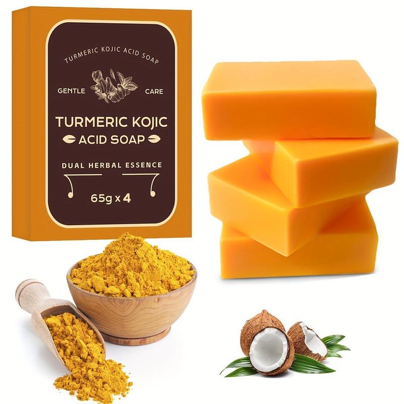 Natural Turmeric Kojic Acid Soap, 4 Counts Moisturizing Oil Control Soap Bar, Deep Cleansing Body Wash Soap for Body & Face