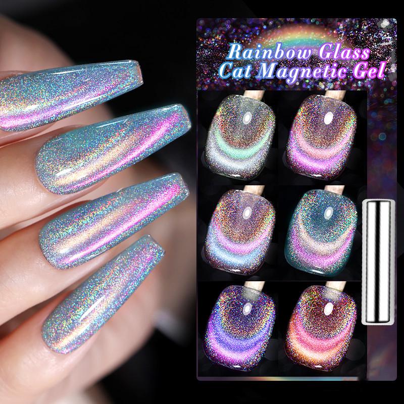 BORN PRETTY Rainbow Glass Cat Eye Gel Polish Set 6 Colors Nail Art With Magnetic Stick Nail Polish Gel Need UV light Nail Care Gift For Women&Girls Salon Style