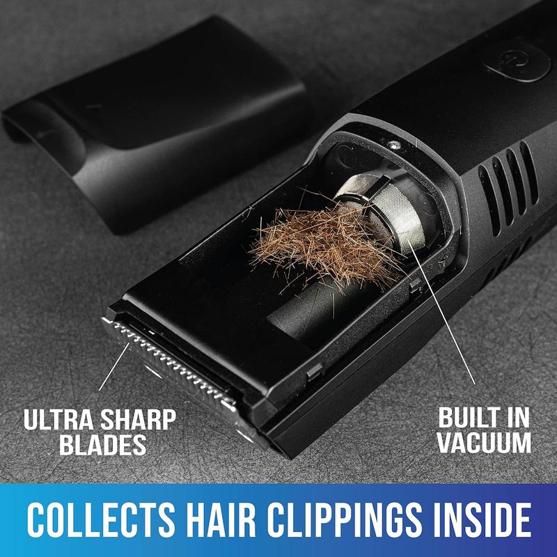 VacuTrim - Vacuum Beard Trimmer, Titanium Blade, Built-In Vacuum, Reachargeable, LED Display, Electric Shaver with 20 Trim Settings, Calibration Dial, Rechargeable, Cord Included, Comb Attachments, Cleaning Brush