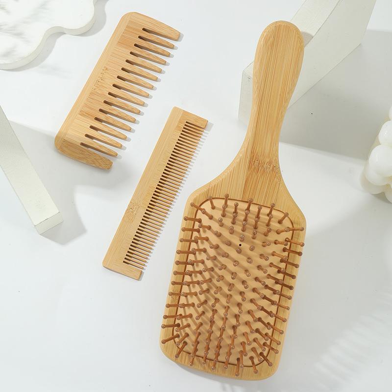 Bamboo Comb Set, 3 Counts set Wooden Large Brush, Smooth and Straighten Hair Wide Tooth Brush and Fine Tooth Brush for Detangling, Styling and Heat Resistance