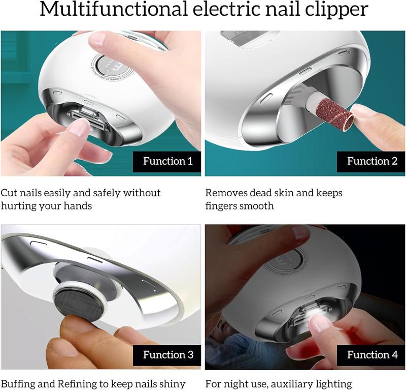 Electric Automatic Nail Clipper with Light & 2 Speeds,Fingernail Cutter and File 2 in 1 Design, Nail Scraps Storage,USB Rechargeable Safety Fingernail Trimmer for Seniors and Adult，Equipped with LED night light, can be used at night，rotating storage