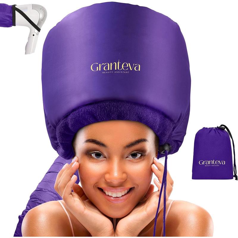 Bonnet Hair Dryer w A Headband Integrated That Reduces Heat Around Ears & Neck - Hair Dryer Diffuser Cap for Hair Dryer Curly Hair, Speeds Up Drying Time, Deep Conditioning at Home - Large (Purple)