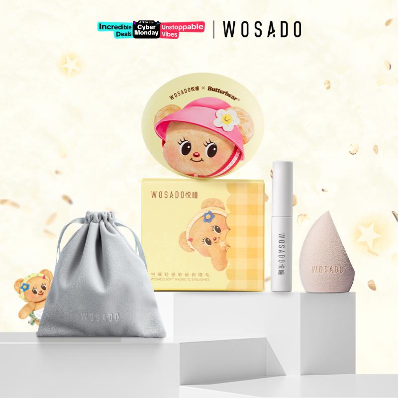 Wosado Soft Magnetic Eyelashes Butter Bear All-in-One Box Bundle, Eyelash Fixer, Makeup Beauty Blender & Microfiber Pouch Case Bag,  Butterbear Limited Edition Magnetic Eyelash Extensions, Waterproof, Reusable, Glue-Free, Eyeliner-Free