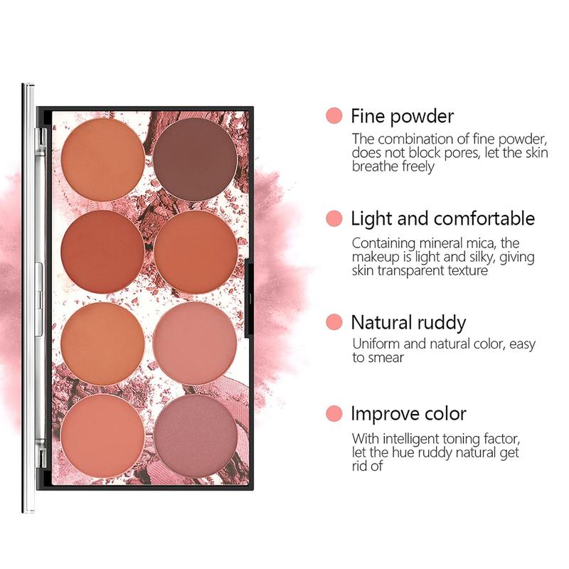 8 Color Blush Palette, Matte and Shimmer Powder, Highlight Face Blusher Buildable, Professional Facial Contour Blush Pallet Pigmented and Long Last For Natural Fair Dark Skin Tone