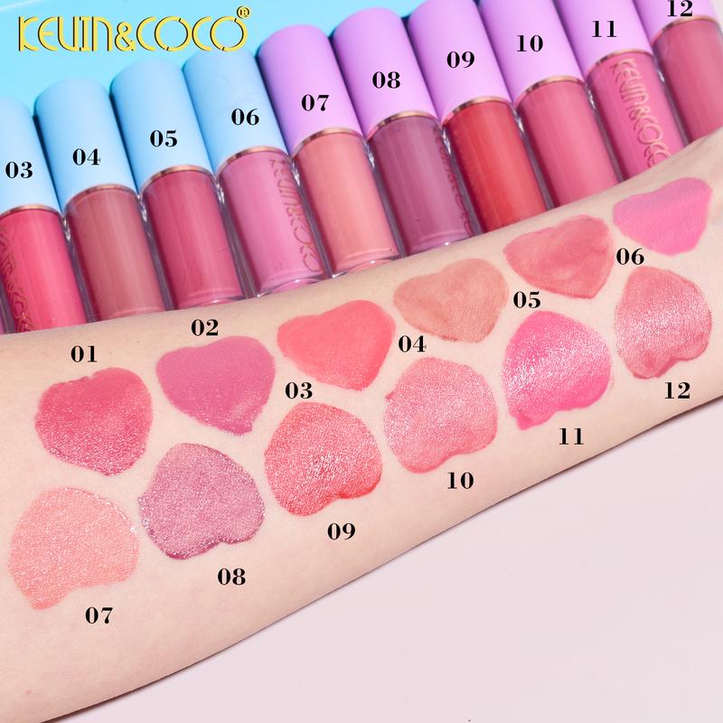 KEVIN&COCO 12-Piece Cloud Girl Lip Gloss Set, 12 Colors Glossy & Matte Finish, Long-Lasting Velvet Liquid Lipstick Kit, Moisturizing, Non-Transfer Liquid Lip Gloss, All Skin Types, High-End Gift Box sparkly lipgloss i love