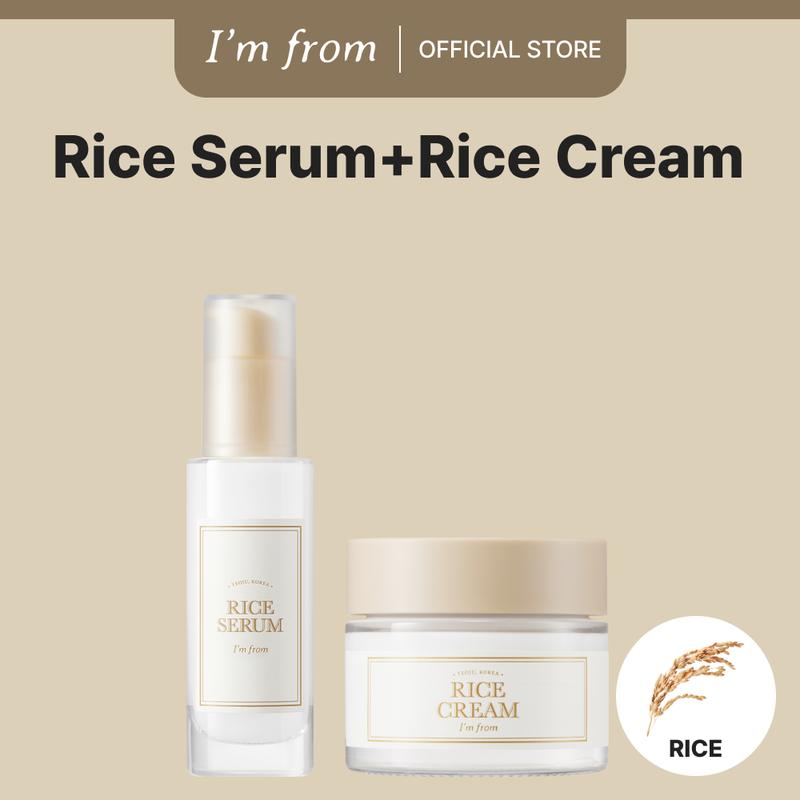 [I'M FROM OFFICIAL SHOP] Korean Special Rice Set - Rice Cream + Rice Serum, Rice Extract from Korea, Glow Essence with Niacinamide, Hydrating for Dry Skin, Vegan, Alcohol Free, Fragrance Free, K Beauty Moisture Skincare Skin Repair Hydrate Moisturizer