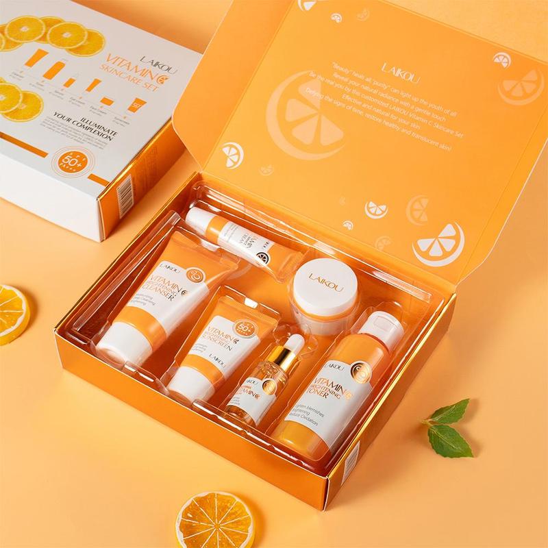 Vitamin C Skin Care Set, Facial Care Set with Cleanser, Toner, Serum, Eye Cream, Face Cream, Sunscreen, Hydrating and Moisturizing Skin Care Kit