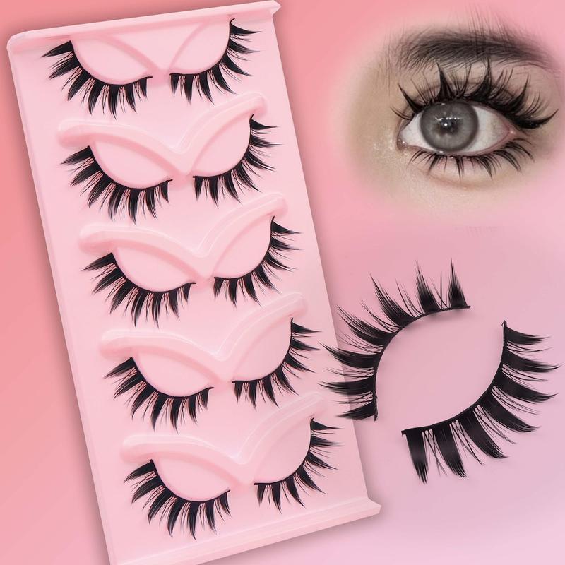 Doll Style False Eyelashes, 5 Pairs Wispy Cat Eye Strip Faux Lashes, Volumized False Eyelashes for Women and Girls Eye Makeup Enhancement