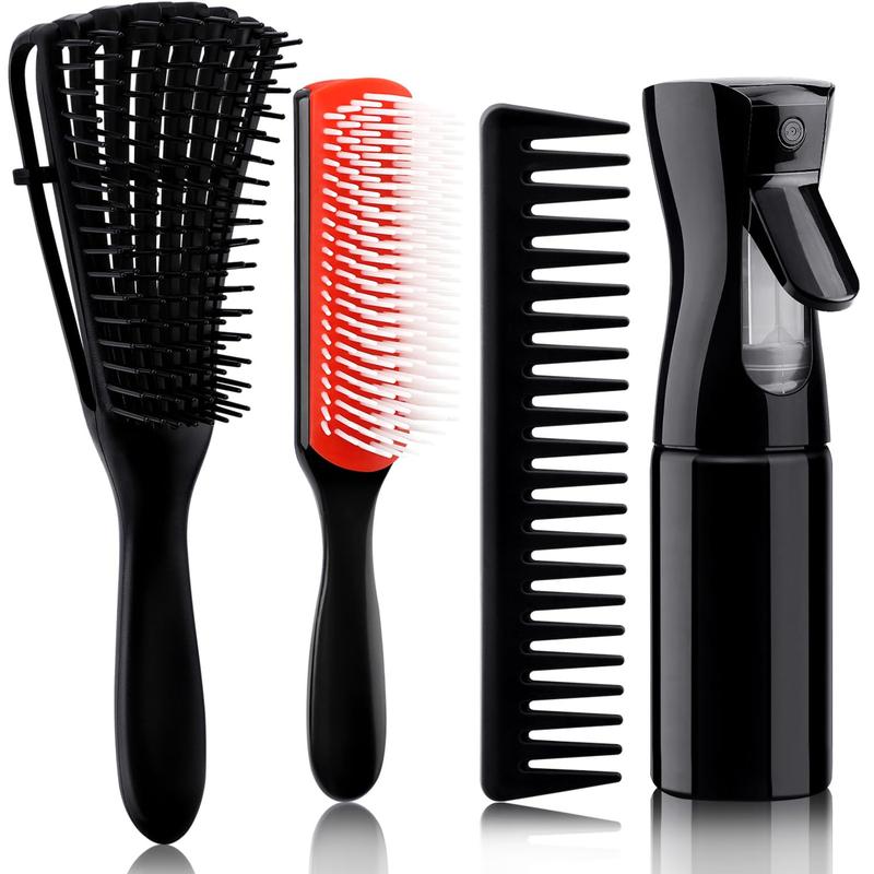 4pcs Curly Hair Brush Set for Adult Wet or Dry Hair, Detangling Brush for 3 4ABC Hair with Hair Detangler Brush Spray Bottle Wide Tooth comb (3+1, Red)