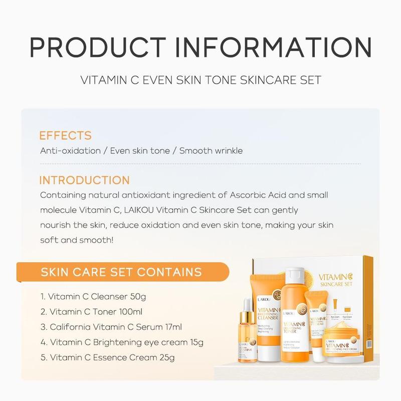 Vitamin C Skin Care Kit, 5pcs set Moisturizing Facial Skincare Kit, Including Facial Cleanser, Toner, Serum, Eye Cream, Essence Cream, Trending Products, Skincare Products