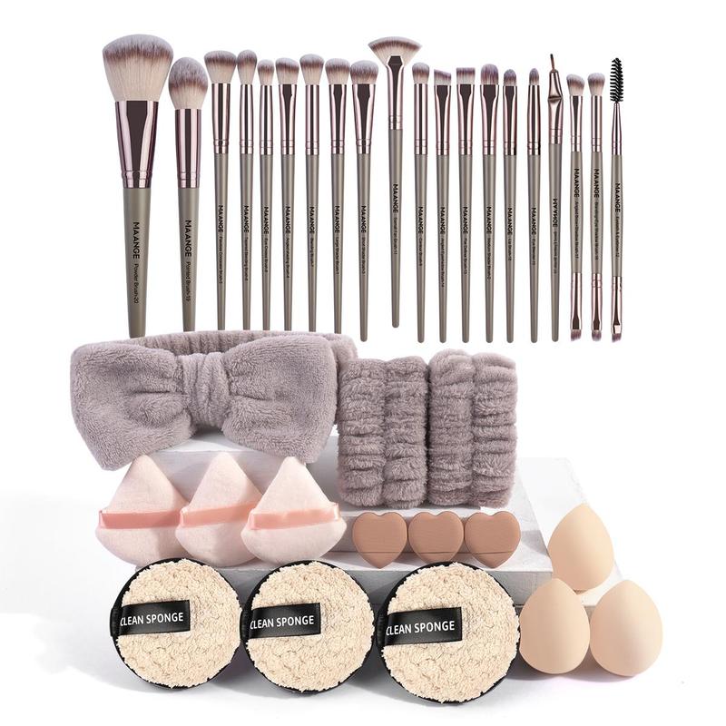 Professional Makeup Tool Set, 35pcs set Makeup Brush & Powder Puff & Headband & Wristband & Sponge Set, Portable Makeup Tools with Soft Fiber