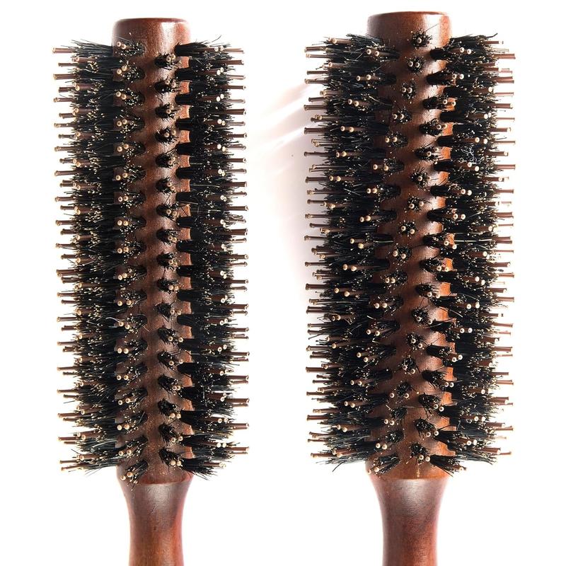 Boar Bristle Round Hair Brush Set with Nylon Pin, Wooden Handle for Straightening Curling Volumizing and Detangling (2 in 1) Haircare Heatless