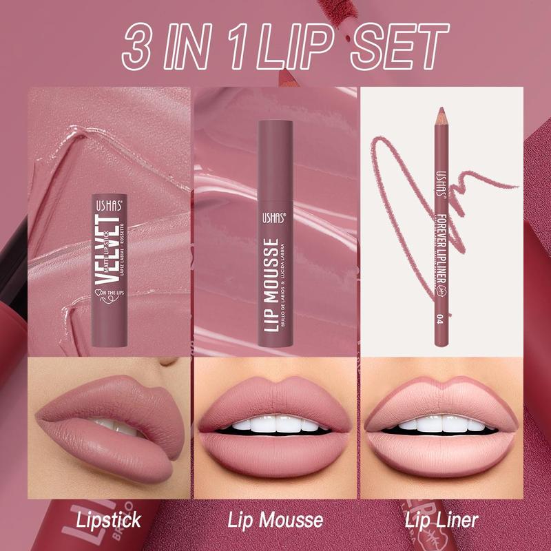 Long Lasting Lip Makeup Set, 3 Counts set Lipstick & Lip Gloss & Lip Liner, Moisturizing Lip Makeup Kit, Suitable for Daily Makeup