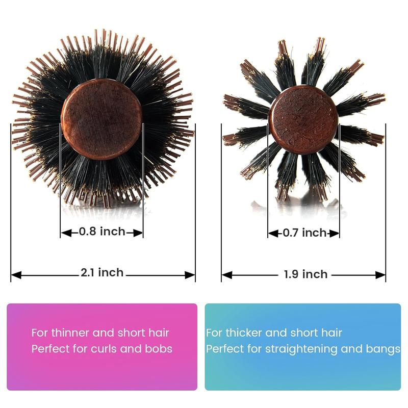 Boar Bristle Round Hair Brush Set with Nylon Pin, Wooden Handle for Straightening Curling Volumizing and Detangling (2 in 1) Haircare Heatless