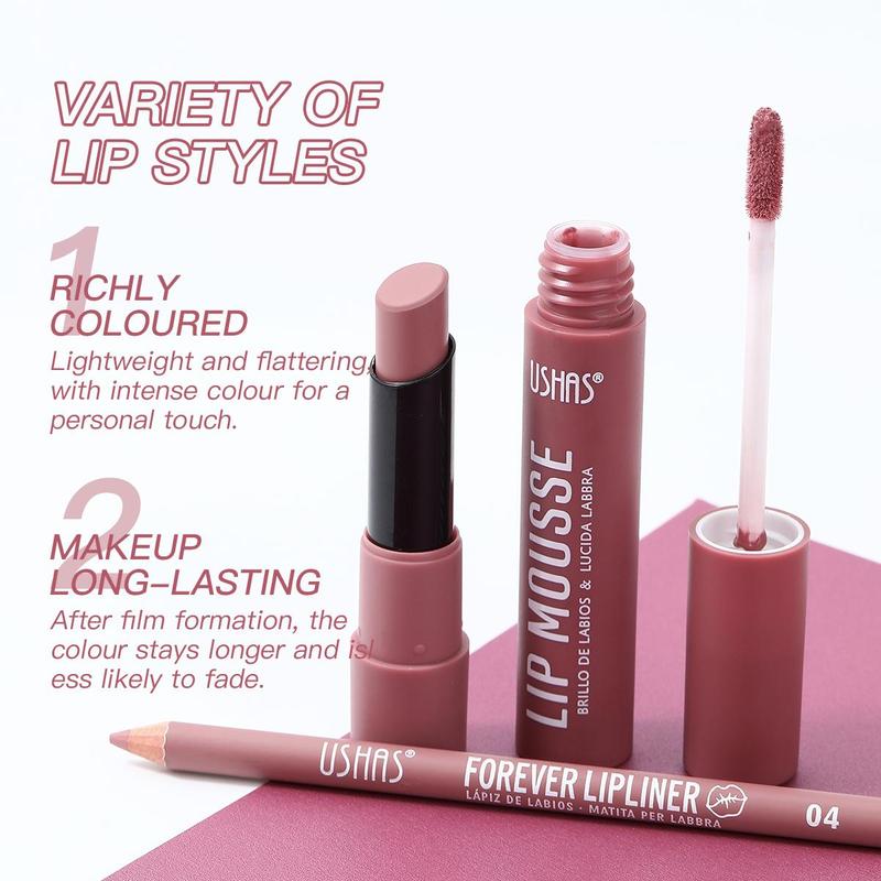 Long Lasting Lip Makeup Set, 3 Counts set Lipstick & Lip Gloss & Lip Liner, Moisturizing Lip Makeup Kit, Suitable for Daily Makeup