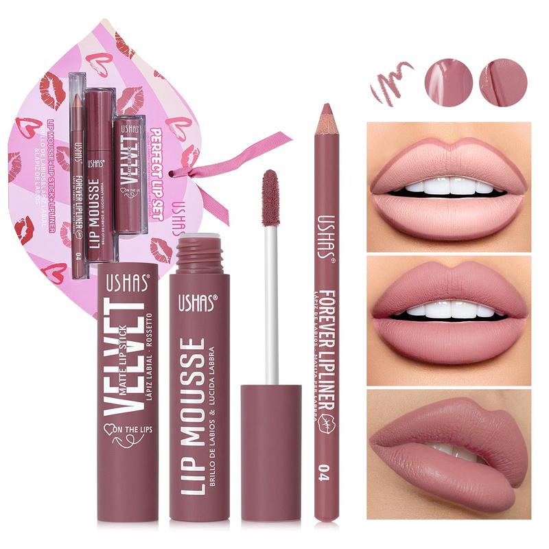 Long Lasting Lip Makeup Set, 3 Counts set Lipstick & Lip Gloss & Lip Liner, Moisturizing Lip Makeup Kit, Suitable for Daily Makeup