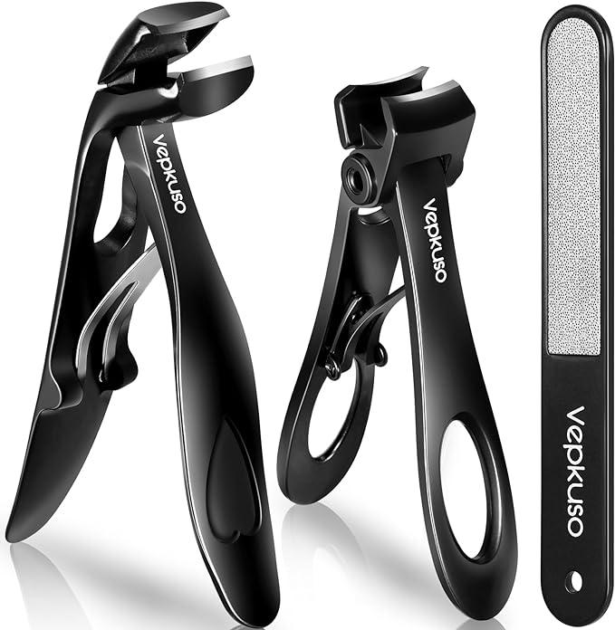 Fanimail Nail Clippers for Seniors, Wide Jaw Fingernail Clippers and Angled Head Toenail Clippers for Thick Nail, Stainless Steel Professional Nail Cutter with File for Men, Women&Pregnant，Black