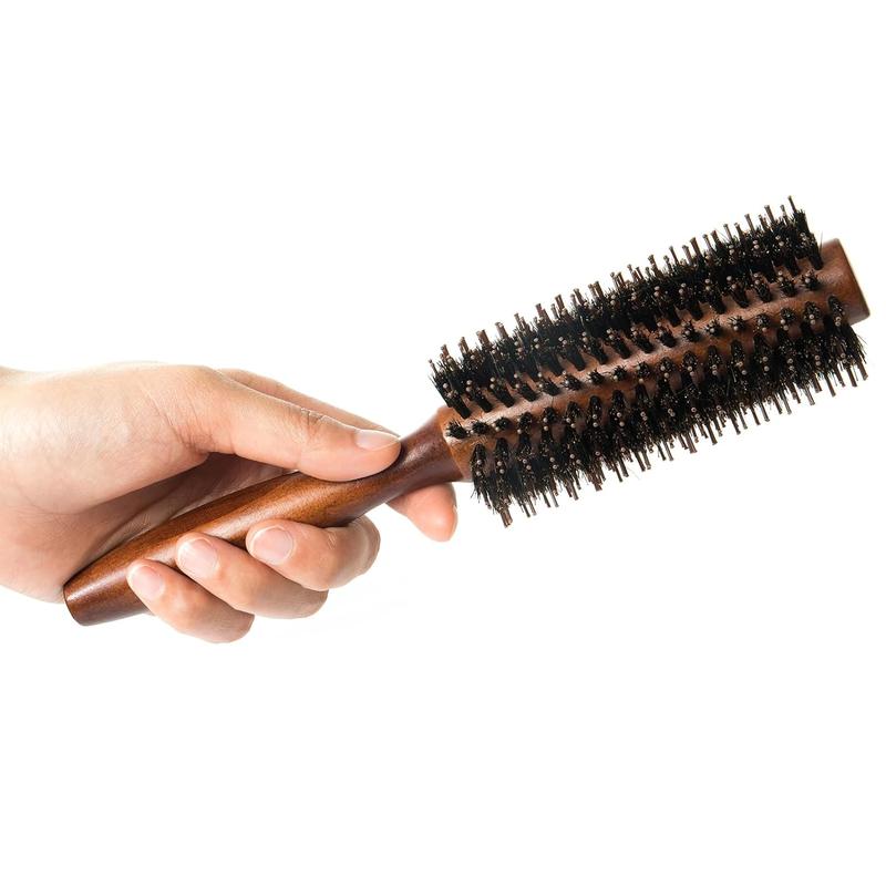 Boar Bristle Round Hair Brush Set with Nylon Pin, Wooden Handle for Straightening Curling Volumizing and Detangling (2 in 1) Haircare Heatless