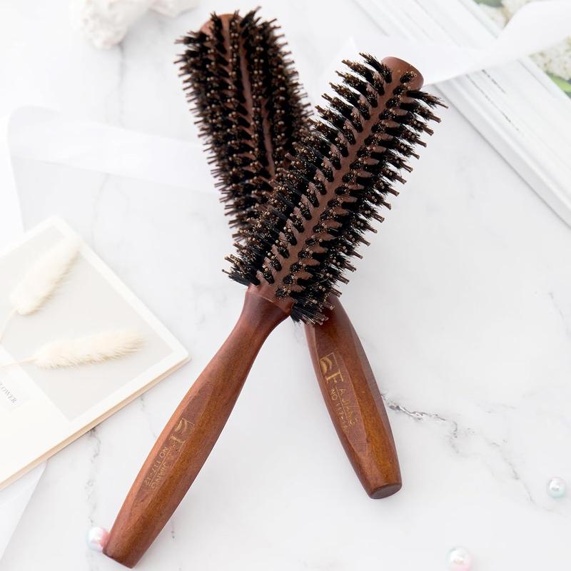 Boar Bristle Round Hair Brush Set with Nylon Pin, Wooden Handle for Straightening Curling Volumizing and Detangling (2 in 1) Haircare Heatless