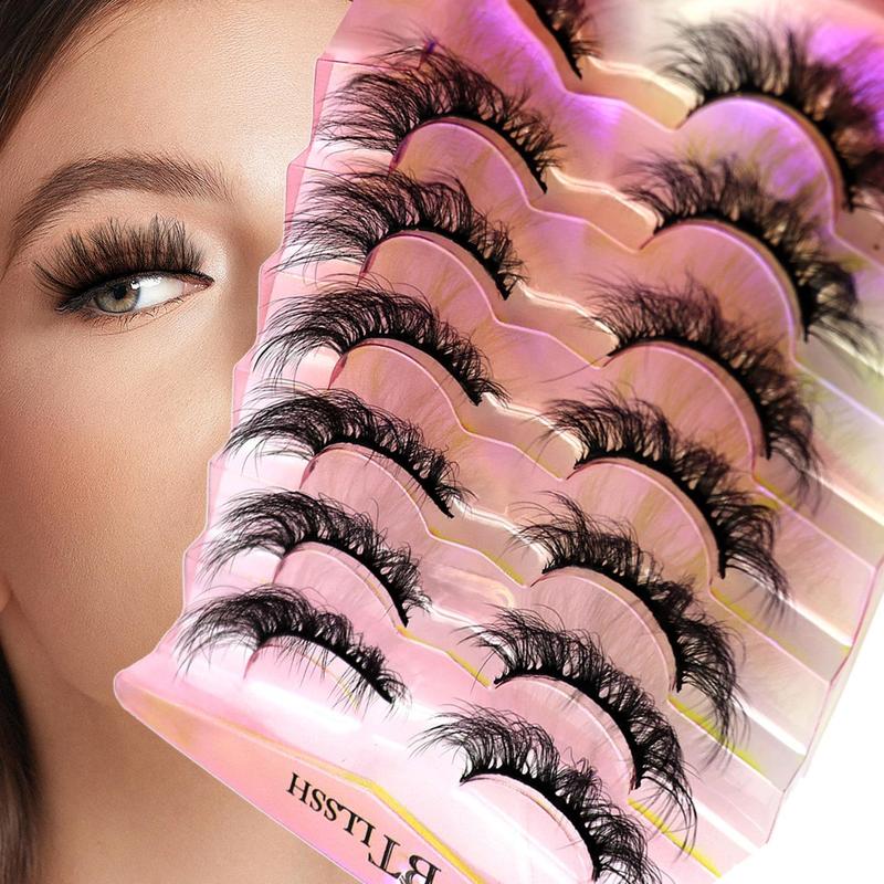 Fluffy False Eyelashes, 7 Pairs Wispy Natural Look Faux Cluster Lashes, Natural Curling Eye Makeup Strip Lashes, Full Volume Curl Eyelash, Lashes Extension Kit for Daily Use, Christmas Gift