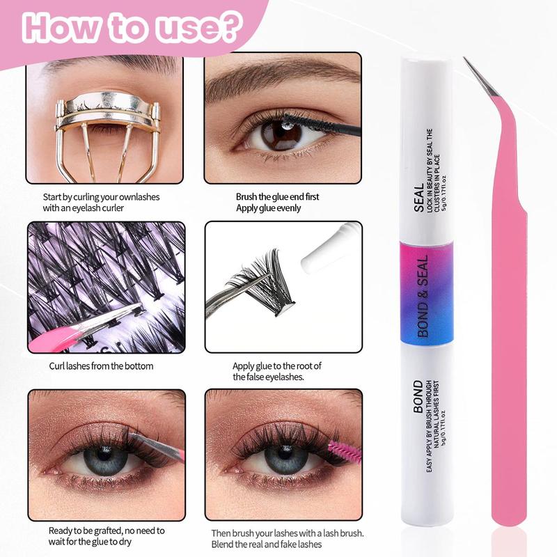 Curl Wispy Mixed Length Individual False Eyelash With Lash Bond & Tweezers Kit, 1 Set Natural Eyelash Extension, Lash Extension Kit, Self Grafting DIY Segmented Eyelash, Lash Clusters