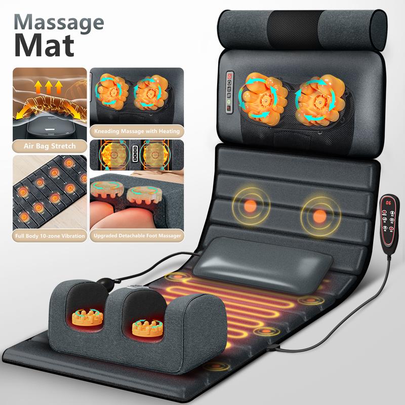 Massage Mat Full Body with Heat, 10 Vibration Motors & 5 Massage Modes,Back Massager for Bed,Massage Mattress Pad for Back for Pain Relief Deep Tissue,Gray