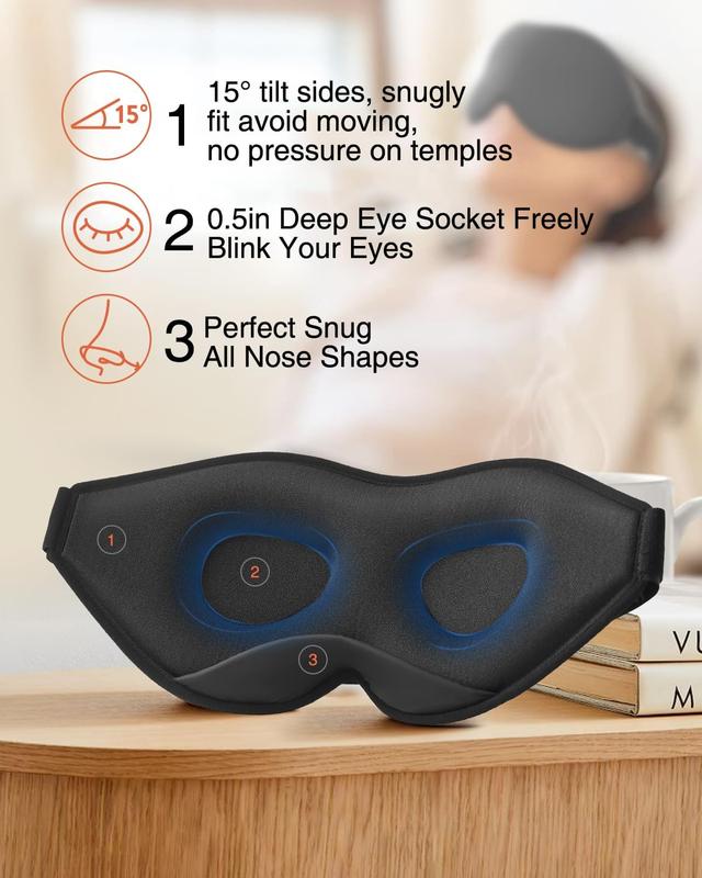 Sleep Mask for Side Sleeper, Eye Mask for Sleeping Women Men, 3D Contoured Cup No Eye   Light Blocking Sleeping Mask with Adjustable Strap Night Blindfold Flight, Travel, Nap, Black Foam Lightweight