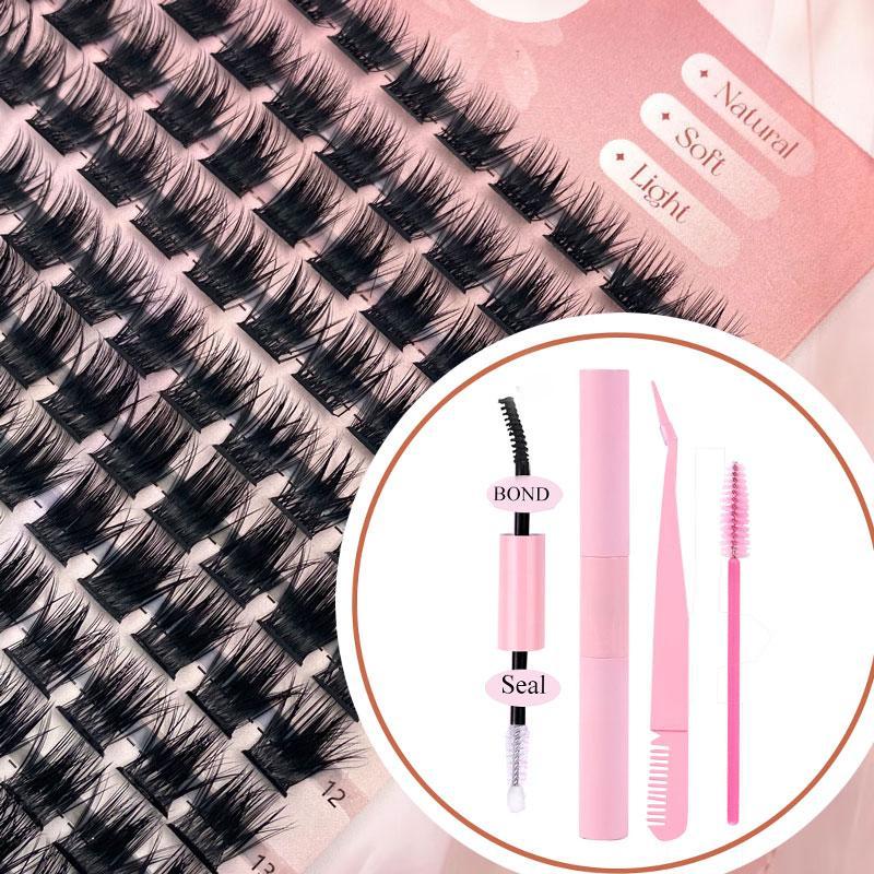 Natural Look Eyelash Extensions Kit, 1 Set Individual False Eyelashes with Eyelash Glue & Tweezers & Brush, Self Grafting Curling Eye Makeup Tool