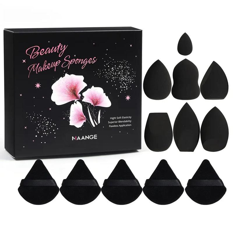 Makeup Tool Set, 7pcs Black Irregular Shape Design Beauty Sponge & 5pcs Triangular Powder Puff for Wet and Dry Use, Portable Cosmetics, Makeup Accessories