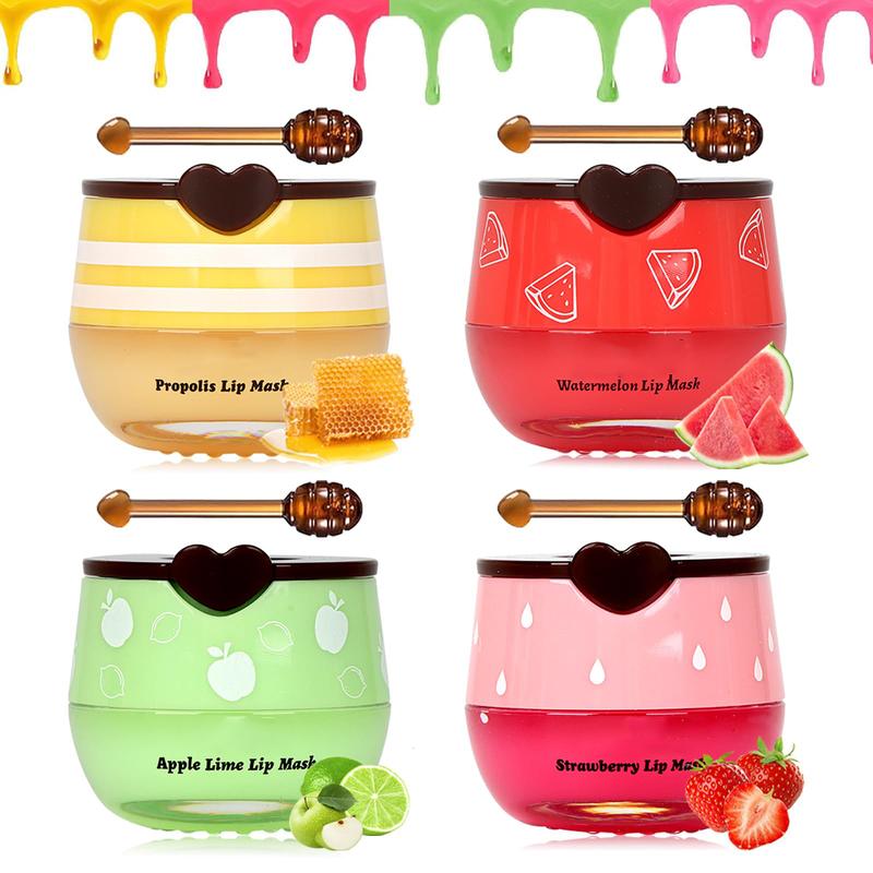 4 Pcs Bee Lip Balm Honey Pot,Strawberry&Watermelon&Honey&Apple Lime Lip Mask Overnight Hydrating Prevention Dry and Cracked Lip Scrubs Exfoliator Lip Care, Lip Sleeping Mask Reduces Lip Lines , lip liner , lipstick