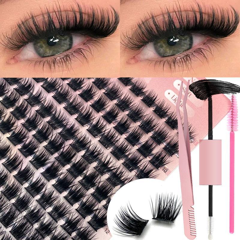 Natural Look Eyelash Extensions Kit, 1 Set Individual False Eyelashes with Eyelash Glue & Tweezers & Brush, Self Grafting Curling Eye Makeup Tool