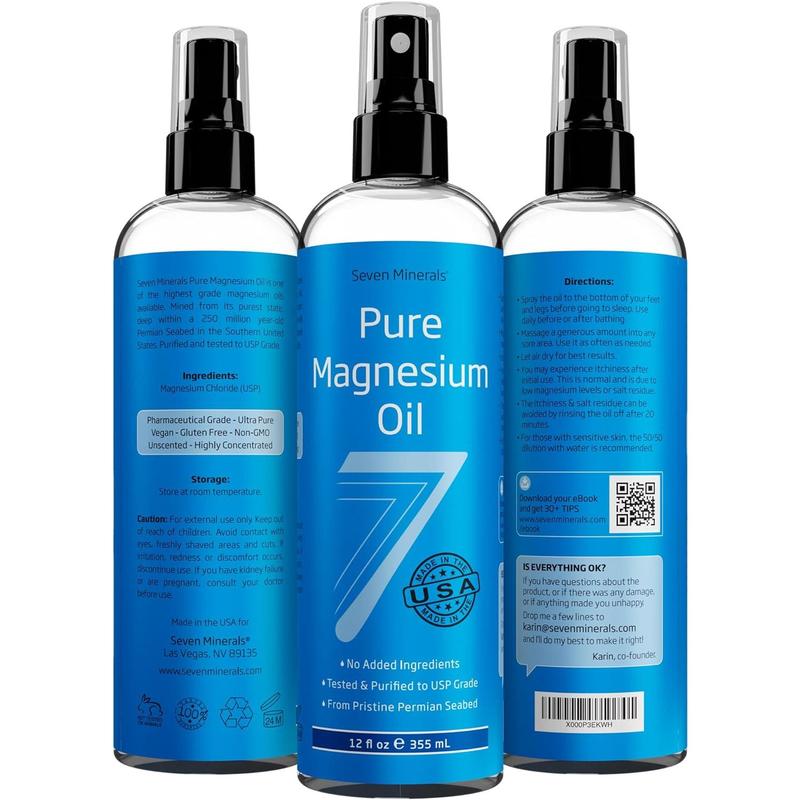 Pure Magnesium Oil Spray - Big 12 oz (Lasts 9 Months) - USP Grade Magnesium Spray, No Unhealthy Trace Minerals - from Ancient Underground Permian Seabed in USA, Free eBook Included