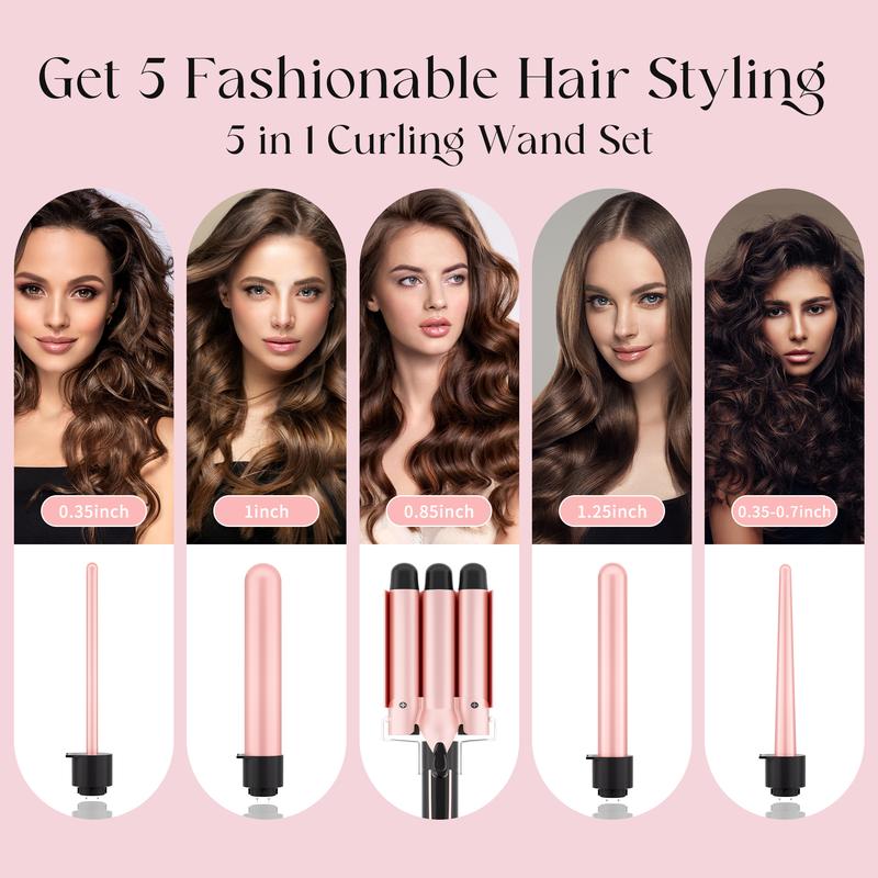 Heikki Vision 5 in 1 Curling Iron Set with Instant Heat Up, Dual Voltage, 4 Interchangeable Ceramic Curling Wands, Curling Brush, Heat Protective Glove & 2 Clips