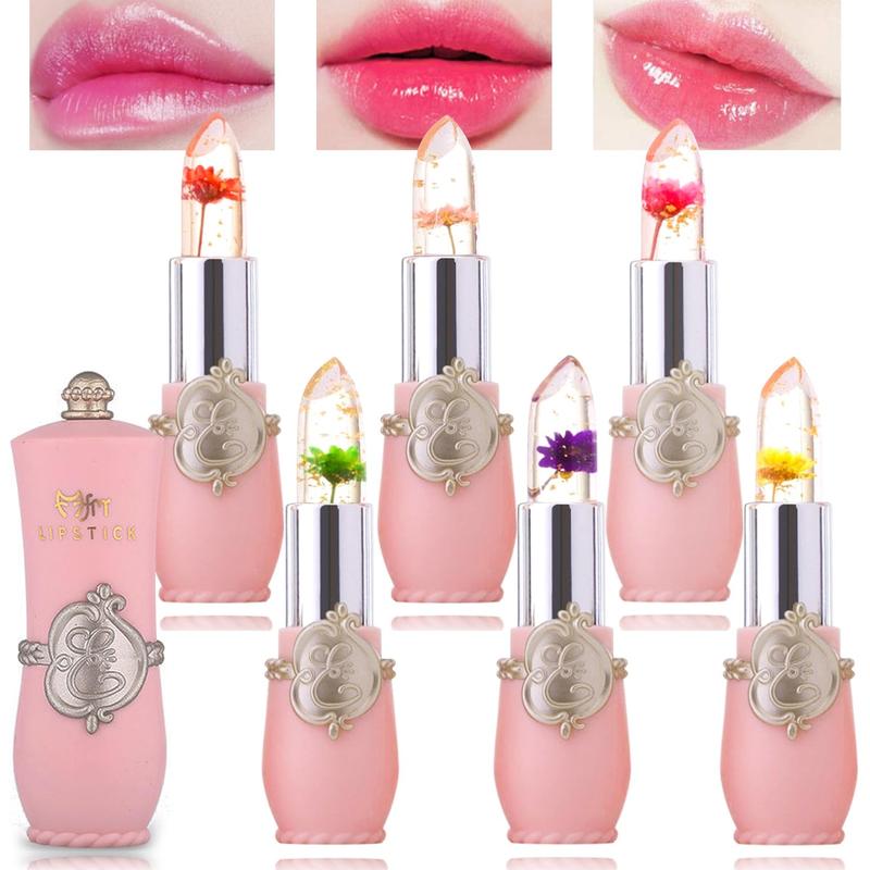 6 Pack Crystal Flower Jelly Lipstick,Magic Color Changing Lipstick,PH Clear Lip Balm,Long Lasting Nourishing Moisturizing Lip Stick Set