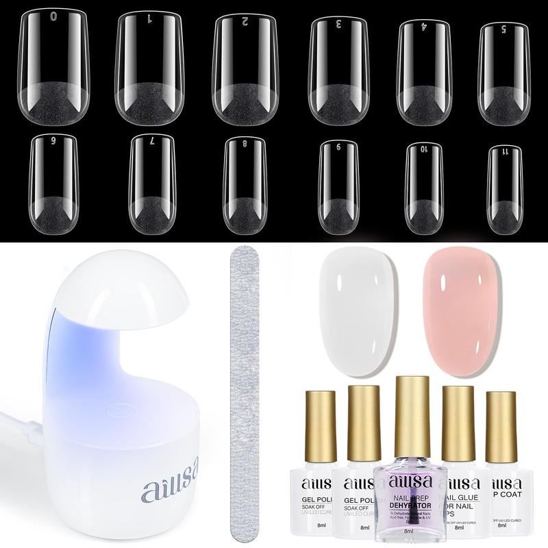 AILLSA Gel Nail Kit Short Square Acrylic Nail Tips 240pcs with 2In1 Nail Glue Base Coat Nail Dehyrator UV Light Jelly Gel Polish Top Coat Nail Tools for Beginner DIY at Home Nail Care Manicure Comfort Cutics Fall Nails Fashion gelx Nail Birthday Gift