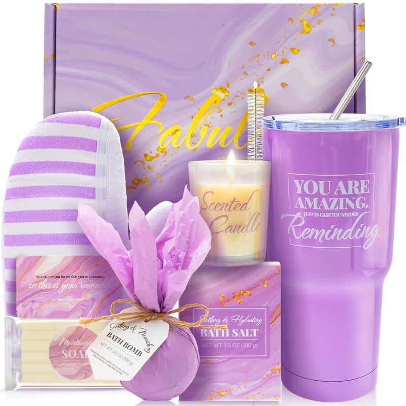 Luxury 7 Pcs Lavender Bath Set for Birthday with a Stainless Steel Tumbler - Spa Gift Sets for Women, Sister, Mom, Friends - Comfort, Body Care