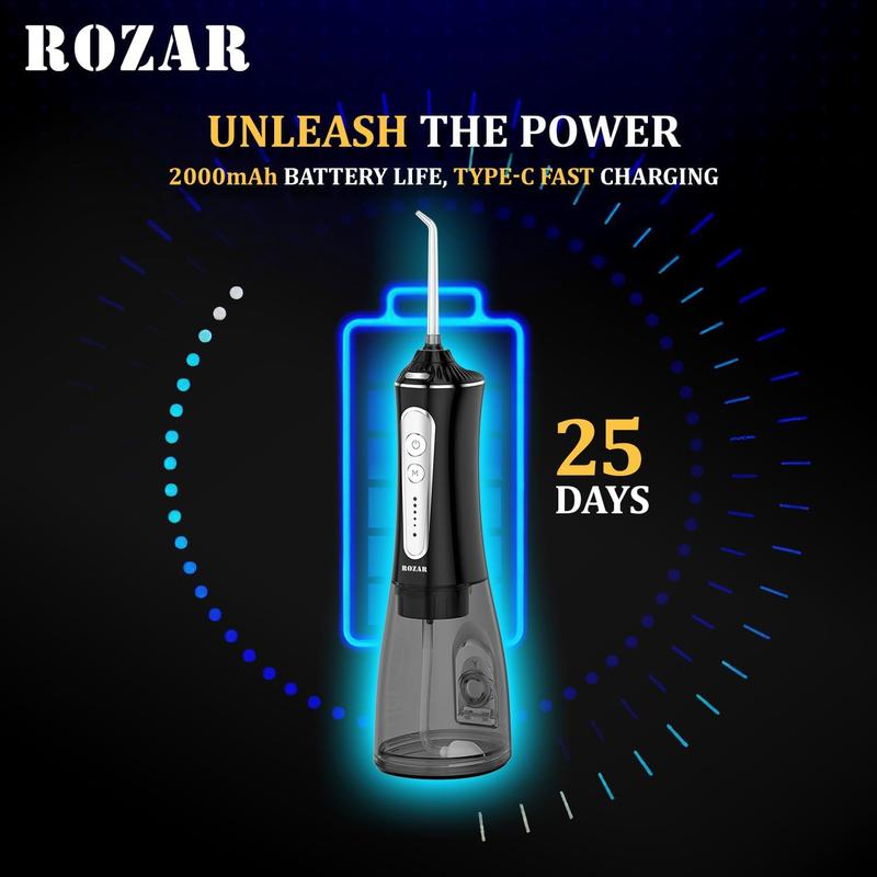 ROZAR Water Dental Flosser Pick for Teeth, 5 Modes Cordless Portable 300ML Larger Water Tank Oral Irrigator IPX7 Waterproof 5 Jet Tips for Home & Travel Black