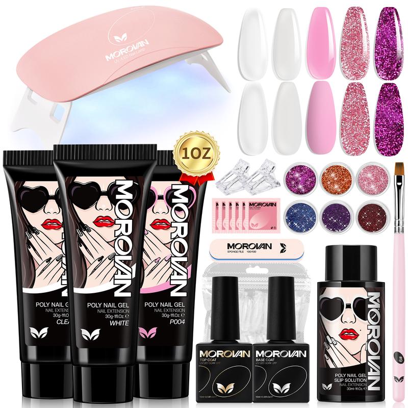 Morovan Poly Gel Nail Kit: 1OZ Large Capacity Poly Nail Gel Kit with UV Light - Clear Pink Poly Extension Gel for Beginners with Everything All In One Poly Gel Kits for Nail Manicure Starter