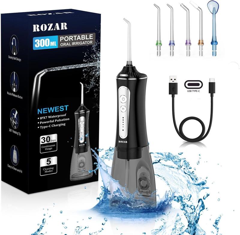 ROZAR Water Dental Flosser Pick for Teeth, 5 Modes Cordless Portable 300ML Larger Water Tank Oral Irrigator IPX7 Waterproof 5 Jet Tips for Home & Travel Black